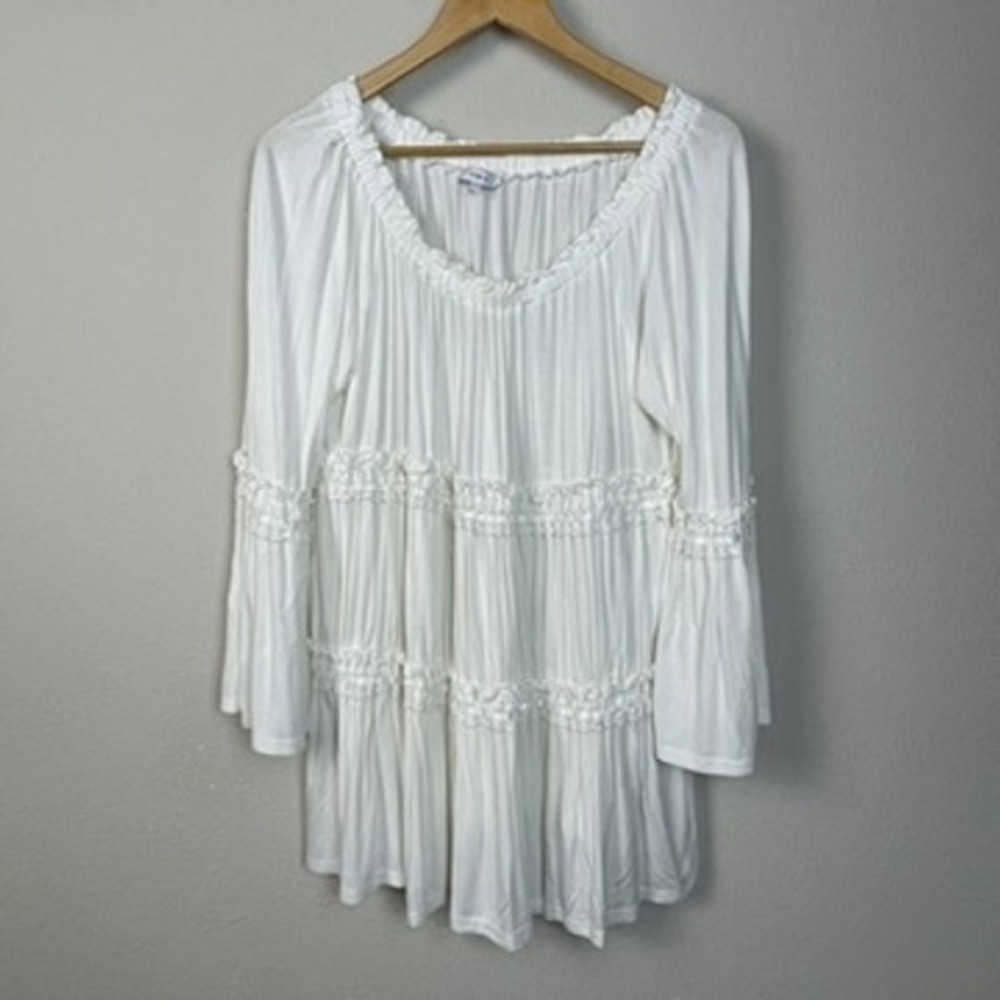 LUMIE White Tiered Ruffle‎ Off Shoulder Long Sleeve Tunic Cottagecore Top M
